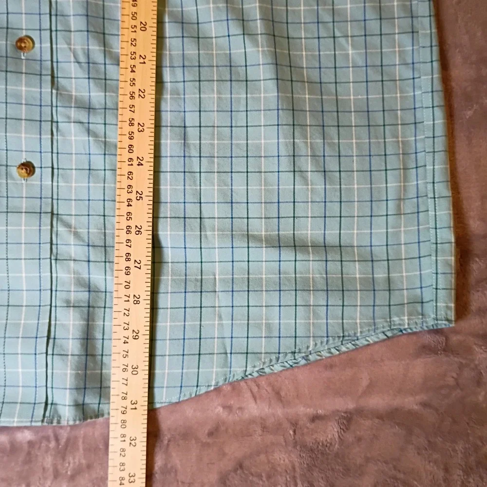 LL Bean Mens Large Short Sleeve Plaid Button Down Shirt Teal Blue Wrinkle Free